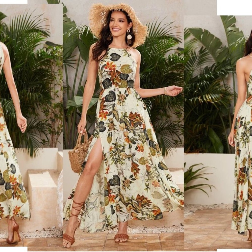 💥 Self Tie Split Thigh Tropical Dress